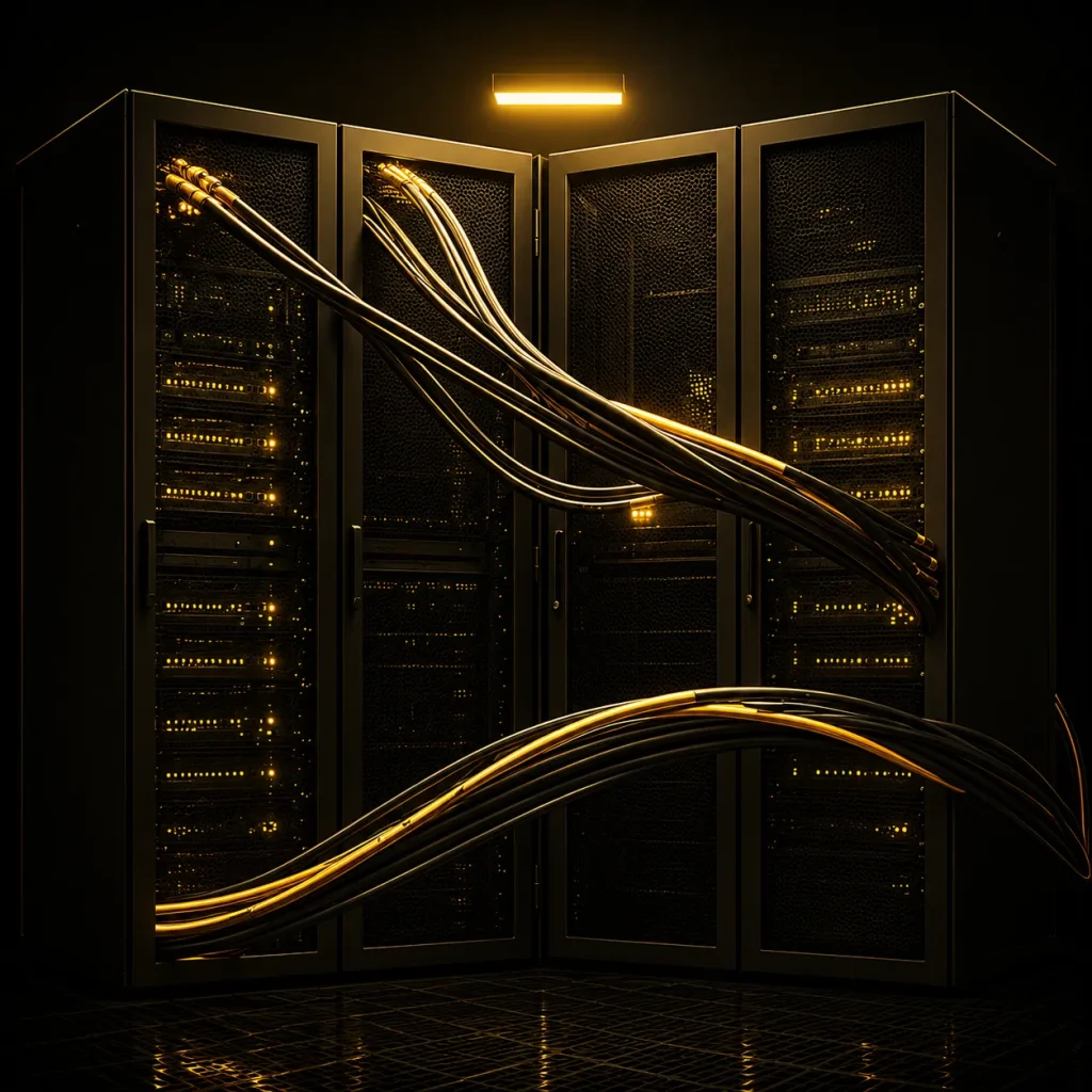 Futuristic black-and-gold server room