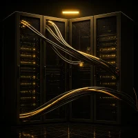 Futuristic black-and-gold server room