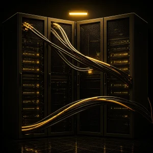 Futuristic black-and-gold server room
