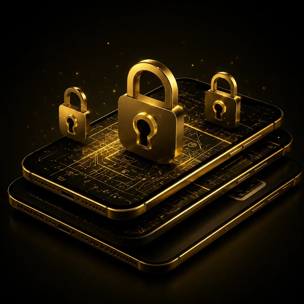 Golden cybersecurity locks and mobile tech Golden cybersecurity locks and mobile tech